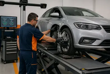 Mecânico realizando alinhamento de rodas em um veículo em Breves.