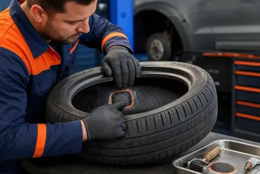 Técnico consertando um pneu em uma borracharia em Breves.