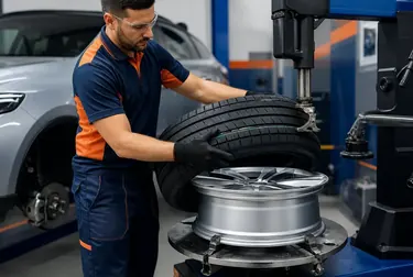 Técnico fazendo a troca de pneus em uma borracharia em Breves.