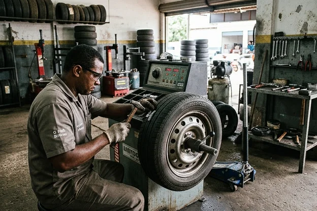 Técnico realizando balanceamento de rodas em uma borracharia em Breves.