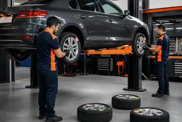 Técnico realizando rodízio de pneus em uma borracharia em Breves.