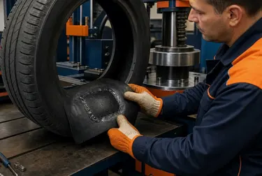 Técnico realizando vulcanização de pneus em uma borracharia em Breves.